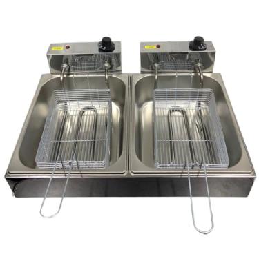 Imagem de Fritadeira Elétrica 2 Cubas 12L Industrial em Inox com Termostato de 50° a 300° para Pastéis e Batatas (110V)