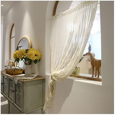 Imagem de Cortinas de saia de renda transparente com miçangas, bolso para varão de filtragem de luz, painel de cortina curto de retalhos rústico para café, quarto, sala de estar, bege (tamanho: LxA 120 x 60