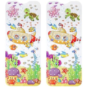 Imagem de 2 peças de tapete de banho de bebê para banheira 101,6 x 40,6 cm, tapete de banheira fofo com ventosas e orifícios de drenagem, tapete de banheira infantil antiderrapante, lavável na máquina, tapete