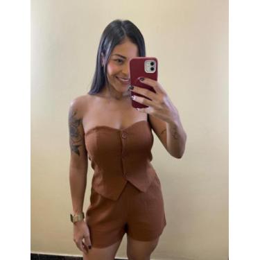 Imagem de Conjunto Cropped Colete e Short Alfaiataria Feminino Terracota Linho C