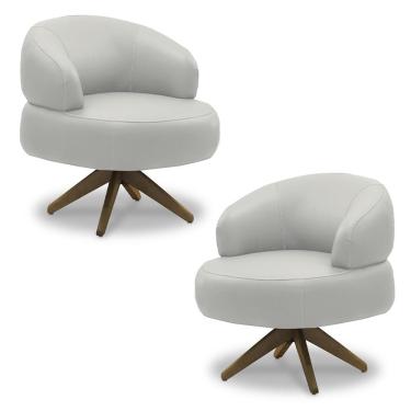 Imagem de Kit 2 Poltronas Decorativas Katy Sala de Estar Base Giratória Madeira Couro Off White