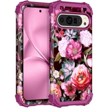 Imagem de LONTECT Capa para Google Pixel 9/9 Pro, floral, à prova de choque, resistente, resistente, 3 em 1, híbrida, resistente, capa protetora de alto impacto, roxo e vermelho