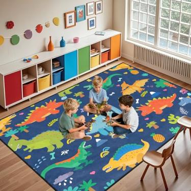 Imagem de Tapete de dinossauros para meninos - 1,8 x 2,5 m de desenho animado dinossauro infantil tapete de dinossauro fofo para quarto de meninos lavável grande, azul