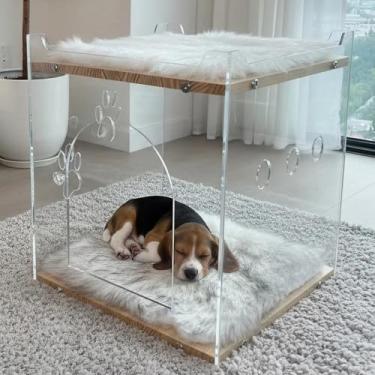 Imagem de Casa aconchegante para gatos de madeira transparente de camada dupla para cama interna para gatos e cama de cachorro pequeno - cobertor macio, design quadrado de acrílico, necessidades perfeitas para