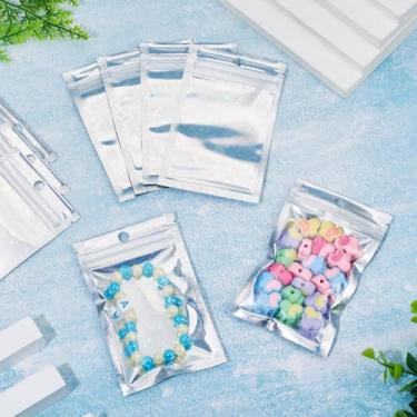 Imagem de 60 unidades de sacos de plástico holográfico com zíper 12 x 7,5 cm a laser glitter cor prata bolsa autoselável com estrela embalagem resselável, bolsa de presente pendurável para joias, miçangas