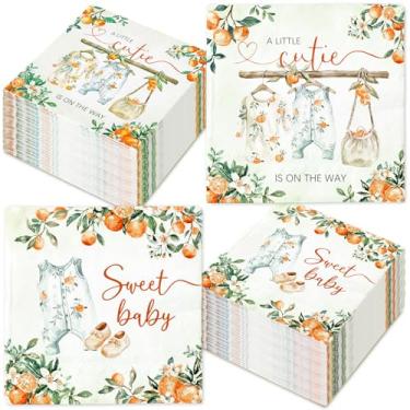 Imagem de FYSUIMU Guardanapos de papel laranja para chá de bebê, 50 peças, guardanapo de almoço, pequeno fofo, macacão descartável, sobremesa, jantar, guardanapo de mão, para revelar gênero, artigos de festa de