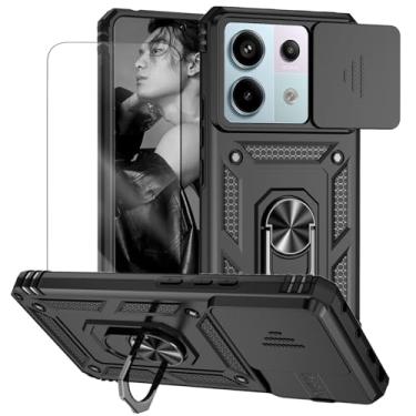 Imagem de Capa para Xiaomi Poco X6 e Redmi Note 13 Pro 5G Capinha | com 2 peças de protetor de tela temperado com janela deslizante da câmera e suporte para telefone incluídos - Preto