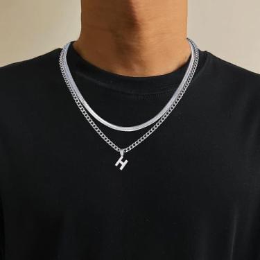 Imagem de Colar masculino com pingente de letra A a Z em camadas, corrente de espinha de peixe com letra cubana de aço inoxidável, joias modernas, presentes, 18 inches, Metal, Sem Pedra Preciosa