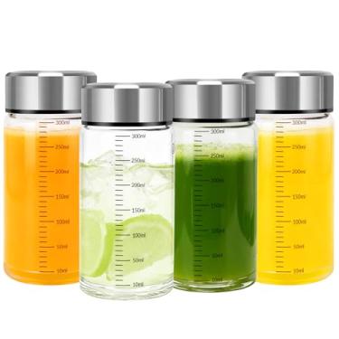 Imagem de Garrafas de suco com tampas – Pacote com 4 copos de boca larga com tampas de aço inoxidável – Recipientes de bebidas reutilizáveis para suco, vitaminas, leite, água – à prova de vazamento, livre de