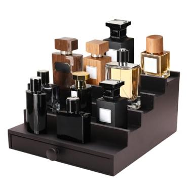 Imagem de Fengligoo Organizador masculino de colônia de 5 níveis – Suporte de exibição de perfume de colônia preta de madeira com gaveta e compartimento oculto, suporte de colônia masculino para organizar e