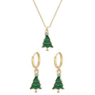 Imagem de NewZenro Conjunto de joias de árvore de Natal CZ Colar com pingente de gargantilha verde esmaltado fofo pequeno brincos de argola para mulheres tom dourado festa feriado meia enchimento corrente