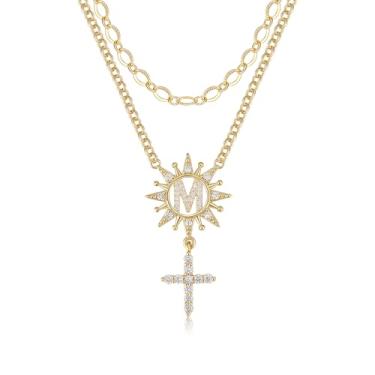 Imagem de TANTIUE Colar feminino com letras e cruz de girassol banhado a ouro 14 K, zircônia cúbica, girassol com inicial em camadas, pingente de cruz A - Z, joia feminina, adjustable, Latão, Zircônia cúbica