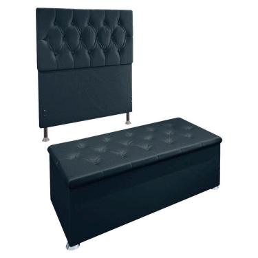Imagem de Kit Cabeceira E Calçadeira Baú Solteiro 0,90m Madrid Suede Azul Marinho - Pallazio