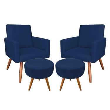 Imagem de Kit 2 Poltronas E 2 Puffs Redonda Azul Marinho e Castanho