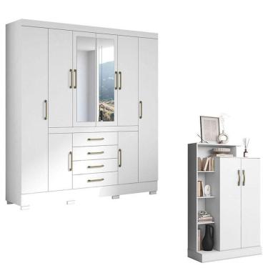 Imagem de Guarda Roupa Casal Nápole 2045149 E Armário Multiuso Florença 2000199 Branco Brilho - Aramóveis