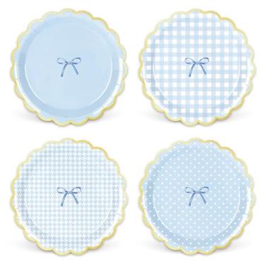Imagem de FYSUIMU 48 peças, prato de papel com laço azul, 23 cm, pratos descartáveis, laço, xadrez, jantar, sobremesa, pratos para aniversário, chá de bebê, festa de casamento, utensílios de mesa