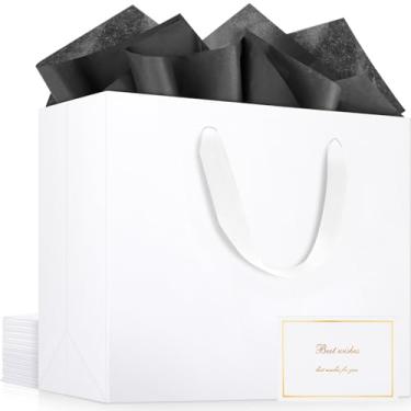 Imagem de EUSOAR Sacos de compras, 12 peças de sacos de compras de papel branco Kraft de luxo extragrande com alças 25 peças de papel de seda preto de 50,8 x 76,2 cm e 12 cartões brancos em branco dourado para