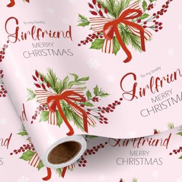 Imagem de RUSPEPA Rolo de papel de embrulho de Natal para namorada, mini rolo, para uma namorada adorável design com laço de férias, frutas vermelhas e flocos de neve, embrulho de presente romântico rosa para