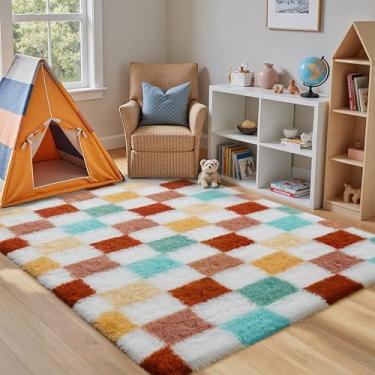 Imagem de PureCozy Tapete quadriculado 10 x 15 cm para sala de estar, tapete felpudo moderno colorido super macio lavável tapete felpudo para quarto, casa, dormitório, decoração estética