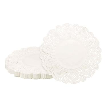 Imagem de HARFINGTON 100 peças de papel Doilies redondos de papel de renda de 12,4 cm, jogo americano para bolos, sobremesa, artesanato, festa, casamento, aniversário, decoração de mesa, branco