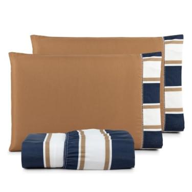 Imagem de Kit de Lençol Casal Padrão 3 Peças Percal 180 Fios 90% Algodão – Conforto, Força e Estilo Moderno (LISTRAS AZUL MARINHO)