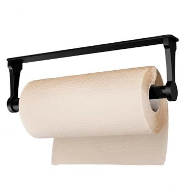 Imagem de SEIDO Suporte de toalha de papel com haste telescópica, suporte de papel toalha de aço inoxidável 304 sob o armário, suporte de rolo de cozinha preto fosco, dispensador de papel toalha de parede com