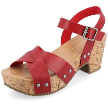 Imagem de Journee Collection Plataforma de dia dos namorados feminina, cruzada, cravejada, grosso, salto de cortiça, fivela, tira no tornozelo, bico redondo aberto, Vermelho, 38