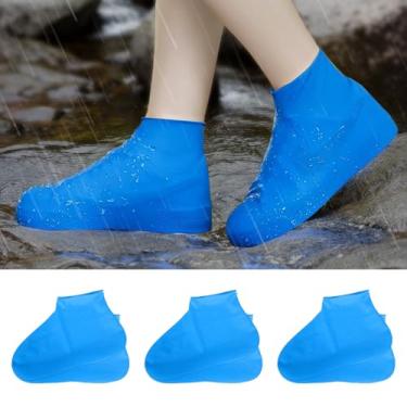 Imagem de 1 par de capas de sapato impermeáveis para chuva, sapatos antiderrapantes reutilizáveis com design de tornozelo alto, protetores de bota, Azul, Large Women/Medium Men