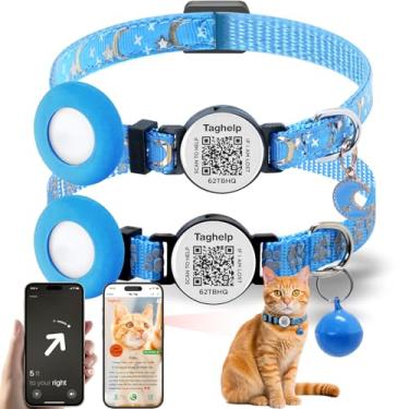Imagem de 2 peças de coleira Airtag para gatos com sino e código QR com etiqueta Smart ID, fivela de segurança fofa luas estrelas, coleira refletiva com suporte de Airtag compatível com Airtag da Apple para