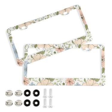 Imagem de SEHANY Molduras de placa de licença de flores florais coloridas, capas de moldura de placa de carro de alumínio à prova de ferrugem com orifícios elípticos e parafusos serve para veículos padrão dos