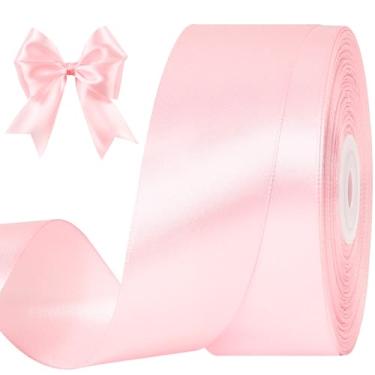 Imagem de CLUEWR Fita de cetim rosa bebê de 3,5 cm, 50 metros, rolo de fita de tecido sólido para buquês de flores, embrulho de presente, casamento, artesanato feito à mão