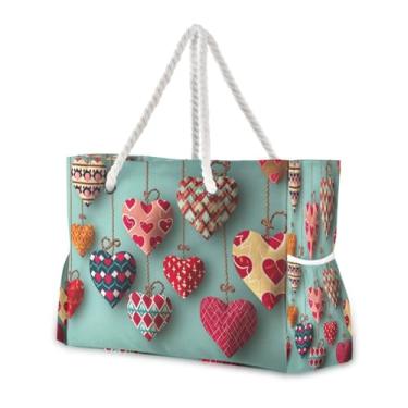 Imagem de Wassud Bolsa de praia simples coração amor grande bolsa de praia para mulheres, impermeável, à prova de areia, bolsa de viagem com zíper e bolso, piscina, academia, acampamento