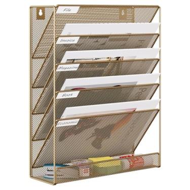 Imagem de EasyPAG Suporte de arquivo de parede de 5 camadas, organizador de pastas suspensas de malha com etiqueta de classificação, suporte de arquivo de mesa versátil, organizador vertical de parede para