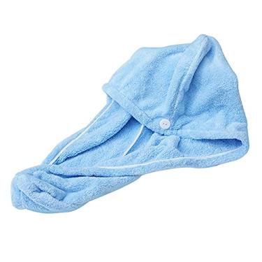 Imagem de Toalha de Cabelo Microfibra para Enrolar Secagem Rápida Suave Absorvente Água Chapéu Banho com Botão Mulheres Senhoras M