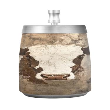 Imagem de Qilmy Cinzeiro de couro de vaca de aço inoxidável com tampa - Cinzeiro de cigarro à prova de vento sem cheiro sem fumaça para casa, escritório, carro, pátio, varanda (uso interno e externo)