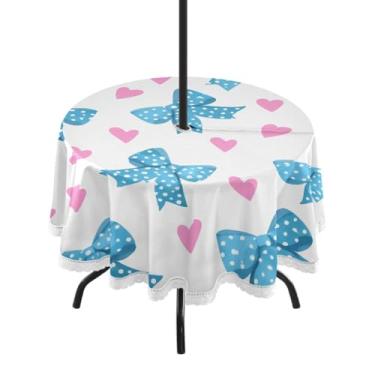 Imagem de Qilmy Toalha de mesa redonda impermeável Blue Bow de 152 cm com orifício para guarda-chuva e zíper – Uso externo / interno resistente para pátio, churrascos, piqueniques, festas (serve para mesas