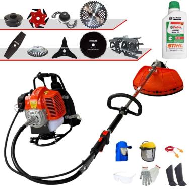 Imagem de Máquina de Corta Grama Costal Terra À Gasolina 43cc 1,7HP de Potência Roçadeira Completa Com Carretel Nylon + 8 Opções de Corte + Óleo Stihl 2T + EPI
