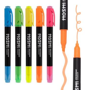 Imagem de Thien Long Marcadores fluorescentes de ponta dupla Hoshi 5, conjunto de marcadores de cores estéticas sortidas, alta capacidade de tinta, sem sangramento, secagem rápida para sublinhar, destacar e