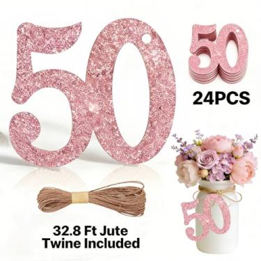 Imagem de ALISSAR 24 peças, ouro rosa, 50 etiquetas numéricas com barbante de juta de 32,8 m – decorações de aniversário de 50 anos, artigos de festa de 50 anos, peças centrais de pote de pedreiro, kit de
