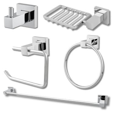 Imagem de Kit Acessórios Banheiro 05 Peças 100% Metal Quadrado Cromo Luxo