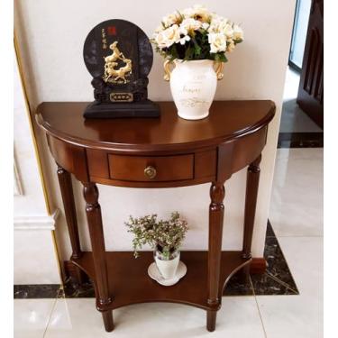 Imagem de CYYTLFSD Mesa de console de madeira maciça com gaveta, prateleira de armazenamento de entrada semicírculo, mesa de varanda de meia lua elegante sofá vintage para sala de estar (cor nogueira (80 cm C x