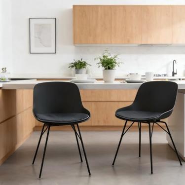 Imagem de LESHI Cadeiras de jantar modernas de plástico com pernas de madeira, cadeiras de cozinha sem braços para salas de jantar, escritórios, restaurante (preto, pacote com 3)
