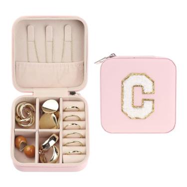 Imagem de Caixa de joias de viagem para mulheres, presentes para meninas adolescentes, pequena caixa organizadora de joias de couro PU portátil suporte de exibição de armazenamento rosa C