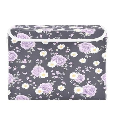 Imagem de Wassud Cestos de armazenamento dobráveis com tampas, cestas organizadoras de tecido dobrável de elegância floral para armário, casa e decoração sazonal 41,5 x 32,5 x 39 cm