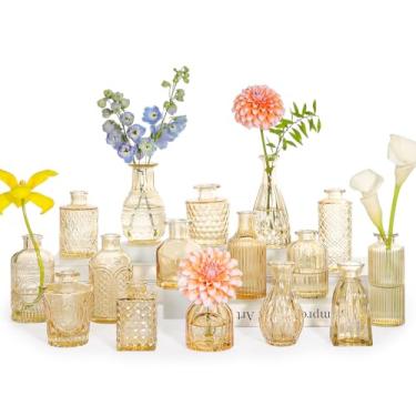 Imagem de SUPMIND Conjunto de vasos de vidro com 16 peças, pequenos vasos de flores a granel para centros de mesa, mini vaso âmbar vintage para casamento, decoração de casa, decoração de mesa - âmbar dourado