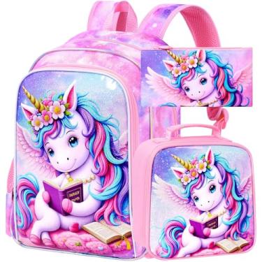 Imagem de AGSDON 3PCS Read Unicorn Backpack for Girls, 16" Kids Backpacks for Girl Water Resistant Preschool, Elementary Bookbag with Lunch Box