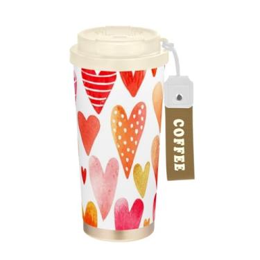 Imagem de TSENQUE Caneca de café de viagem mais de 16 Oz, copo de café com revestimento cerâmico com tampa e canudo, copo isolado a vácuo de aço inoxidável, desenho animado rosa de corações fofos