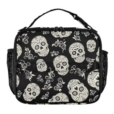 Imagem de Joisal Lancheira personalizada com caveira branca preta para mulheres, meninas, lancheira ajustável, alça de ombro masculina, infantil, lancheira para trabalho, rosa, bolsa isolada engraçada