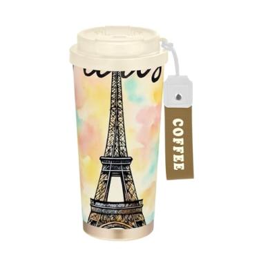 Imagem de TSENQUE Copo de café de viagem 473 ml, copo de café com revestimento cerâmico com tampa e palha, copo isolado a vácuo de aço inoxidável, Torre Eiffel de Paris pastel