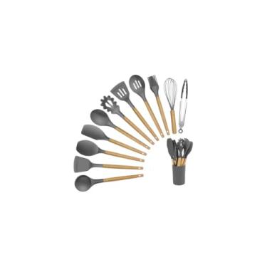 Imagem de Conjunto de Utensílios de Cozinha em Silicone, 3 Peças, Cinza, com Fuê 26cm, Espátula 24,5cm e Pincel 22cm, Resistente ao Calor até 230°C